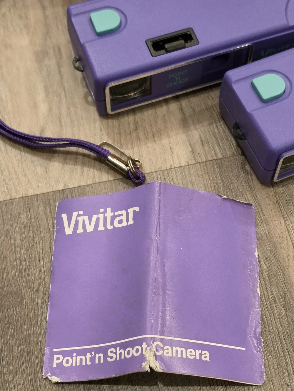 2 Vtg 1987 Vivitar Point 'N Shoot 110 Film Cameras Purple w/ Manual & 3 Cases